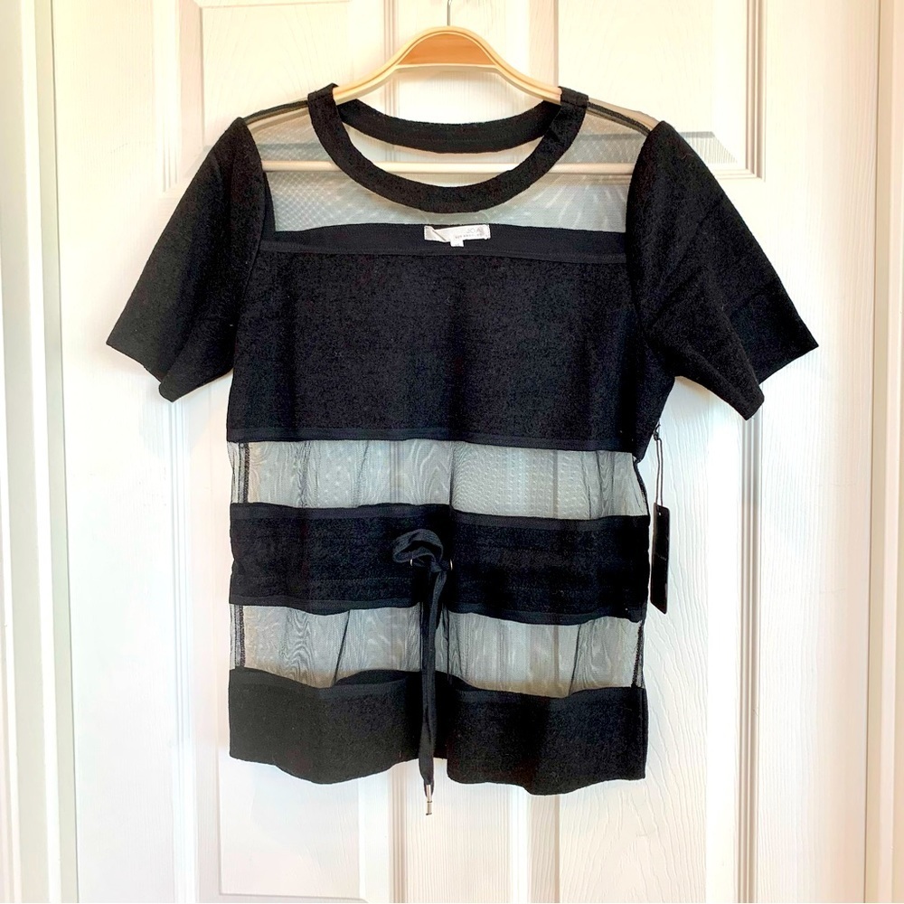 Black Mesh Felt Stripe Sculptural Short Sleeve Top